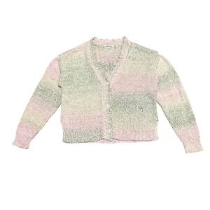 Anthropologie Cropped Oversized‎ Knit Cardigan Pastel Stripe Ruffle Trim Size L